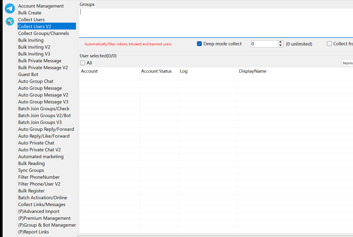 JQOneMatrix Collect Users V2 interface